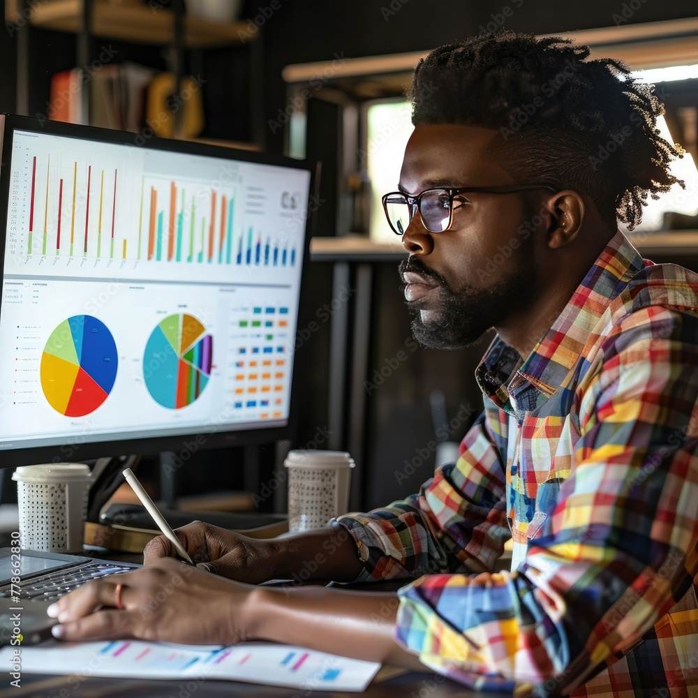 Poster an employee working on financial reports, reviewing charts and graphs on a monitor. job