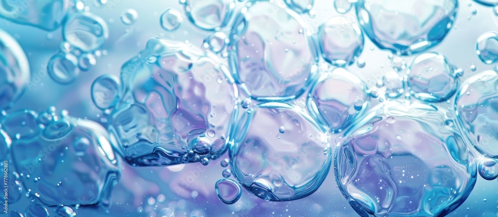 Poster close up of soap bubbles in an azure liquid, creating an electric blue pattern. a mix of art and sci