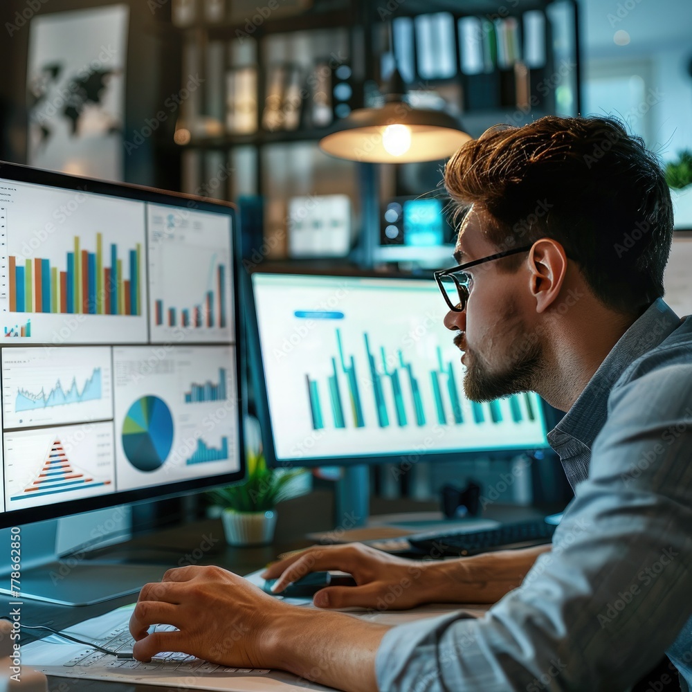 Poster an employee working on financial reports, reviewing charts and graphs on a monitor. job