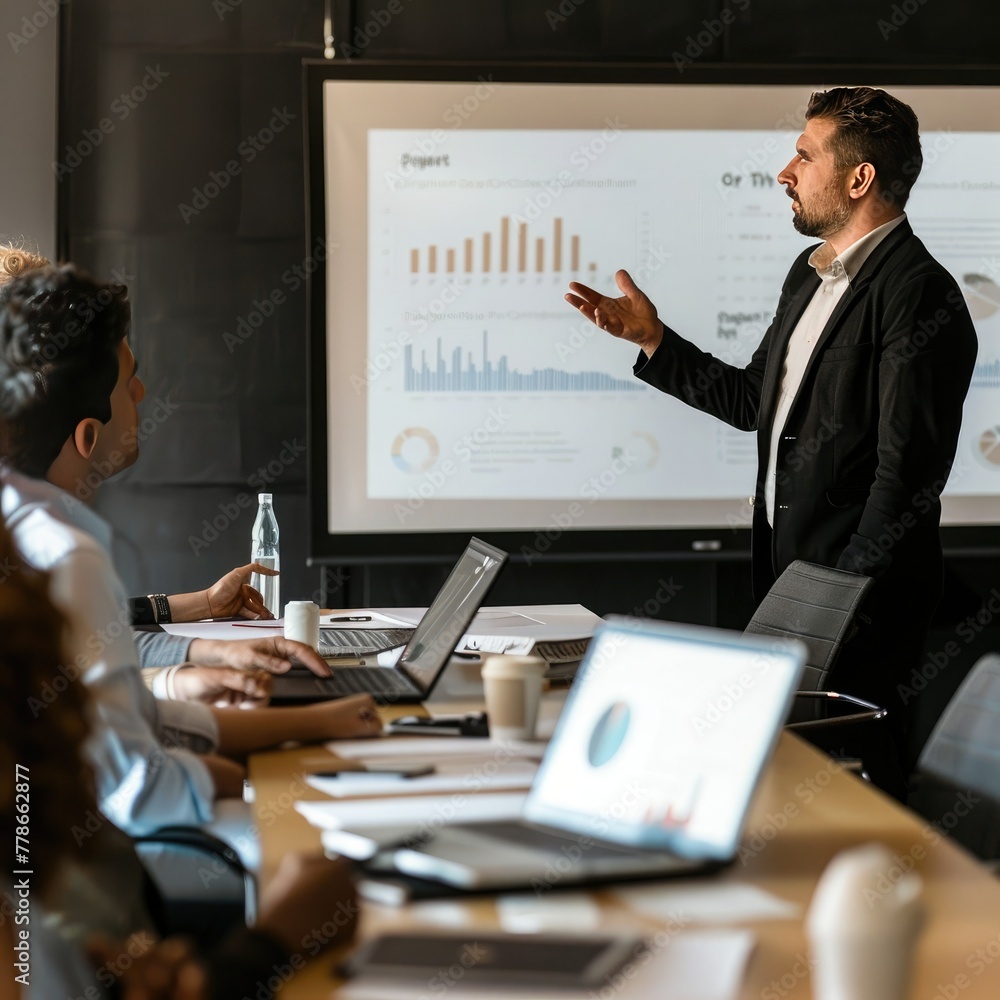 Poster An employee making a presentation to company executives, using a projector to display slides. Job