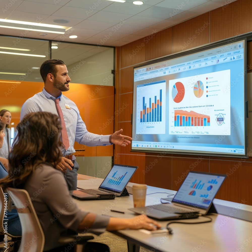 Poster An employee making a presentation to company executives, using a projector to display slides. Job 