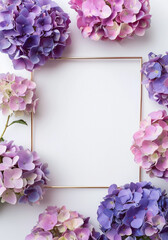 template frame, golden rectangle, purple and pink hydrangeas, white background, simple 