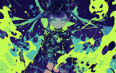 Crazy demon cyberpunk anime girl  zombie digital painting. woman evil dark Halloween theme. generative ai	
