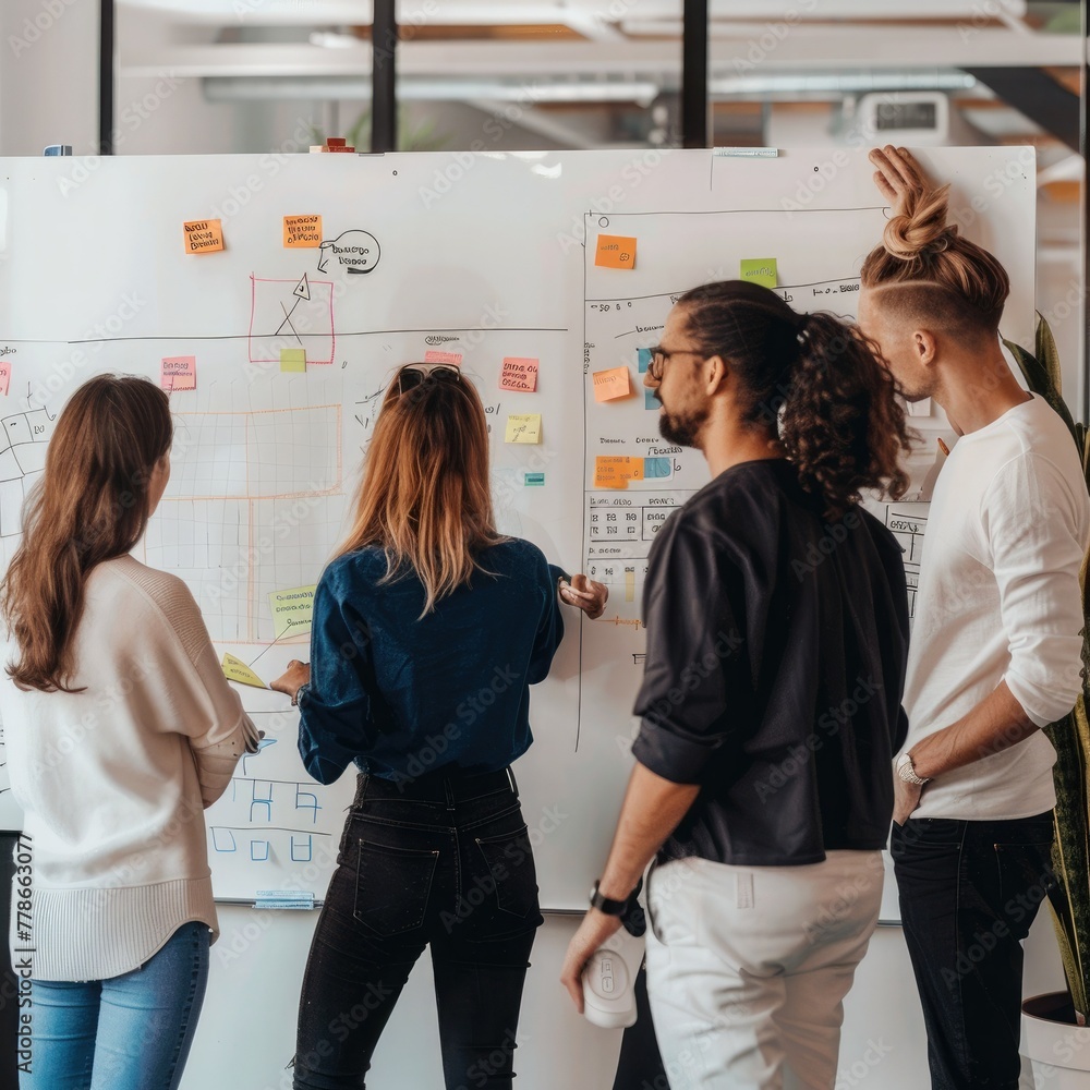 Poster a group of employees gathered around a whiteboard, discussing workflow processes. job