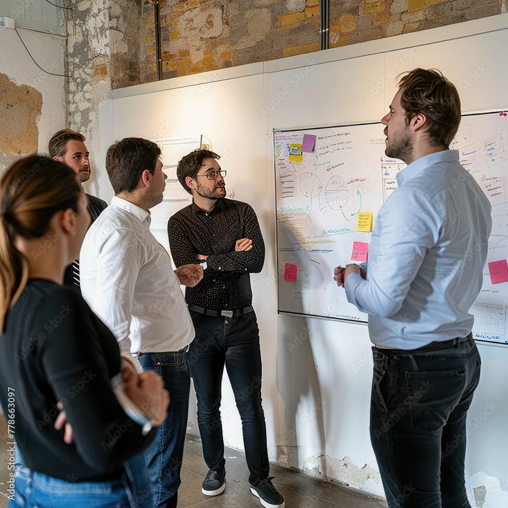 Poster a group of employees gathered around a whiteboard, discussing workflow processes. job