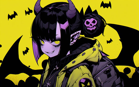 A demon girl in the anime style with crazy halloween background.  generative ai