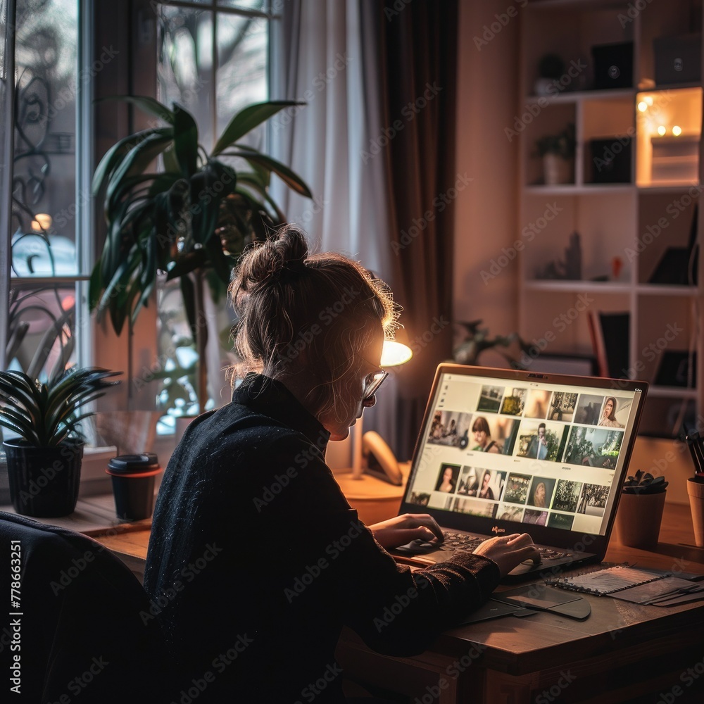 Poster an employee working remotely from a home office, using a laptop and video conferencing software. job