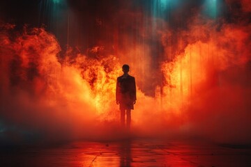 Man standing alone in a room filled with thick red smoke, waiting in suspenseful atmosphere. - obrazy, fototapety, plakaty