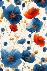 Luxurious red and blue flowers with golden swirls