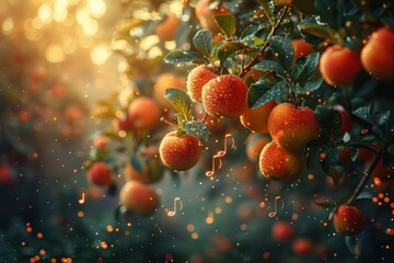 Ripe apples hanging on tree branches in the sunlight after a refreshing rain shower - obrazy, fototapety, plakaty