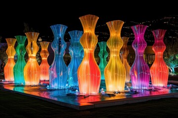 Vibrant glass vase fountain illuminated in various colors under the mesmerizing night sky - obrazy, fototapety, plakaty