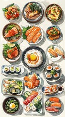 An array of food packaging with illustrations representing global cuisines