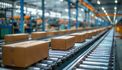 Fototapeta premium Conveyor belt transporting cardboard boxes of various sizes in a bustling distribution warehouse