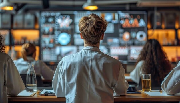 Focused colleagues brainstorming about complex scientific data on multiple screens.