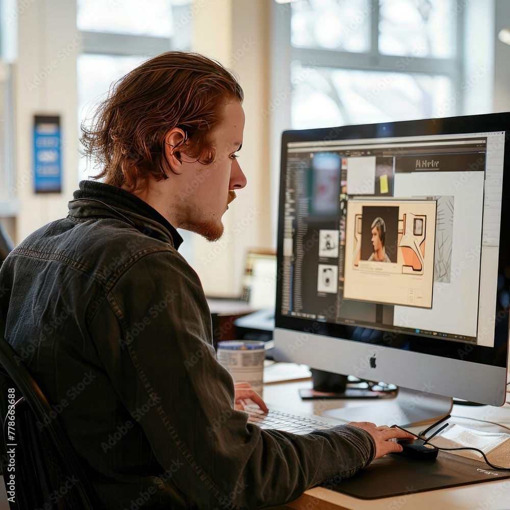 Poster An employee working on a design project using specialized software on a computer. Job