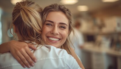 Joyful businesswomen hugging in modern office, symbolizing teamwork and success