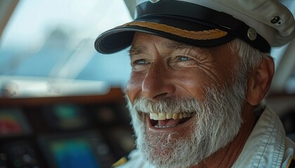 Happy elderly man with white beard and captain hat enjoying a sunny day on a boat - obrazy, fototapety, plakaty