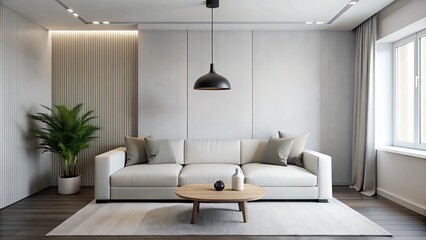 Modern living room with white sofa, wooden floor and white wall.