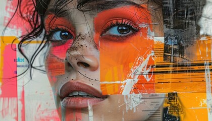 Portrait of a young woman with bright orange makeup and paint on her face