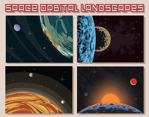 Space Orbital Landscapes, Planets, Asteroid, Moon, Stars Background Set. 