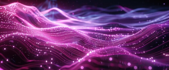 Wavy flows of energy lines in cyberspace. Animation. Luminous lines move along wavy flow in matrix,Abstract bright glowing multicolored rainbow waves and lines from particles and dots in form of field