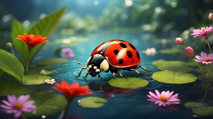 ladybird in the pond, Envision a vivid scenario where a ladybug is calmly resting on water, encircled by natural components such as leaves and flowers.