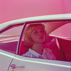 a short hair blonde woman inside a white car, looking up through the passenger window, the background behind the car is plain hot pink color ,70s