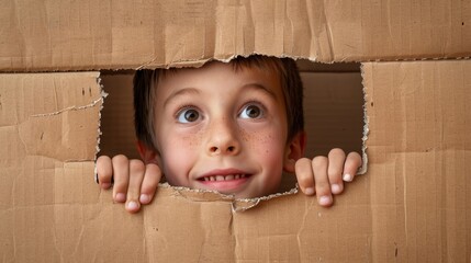 A young boy is peeking out of a cardboard box (funny looking people)