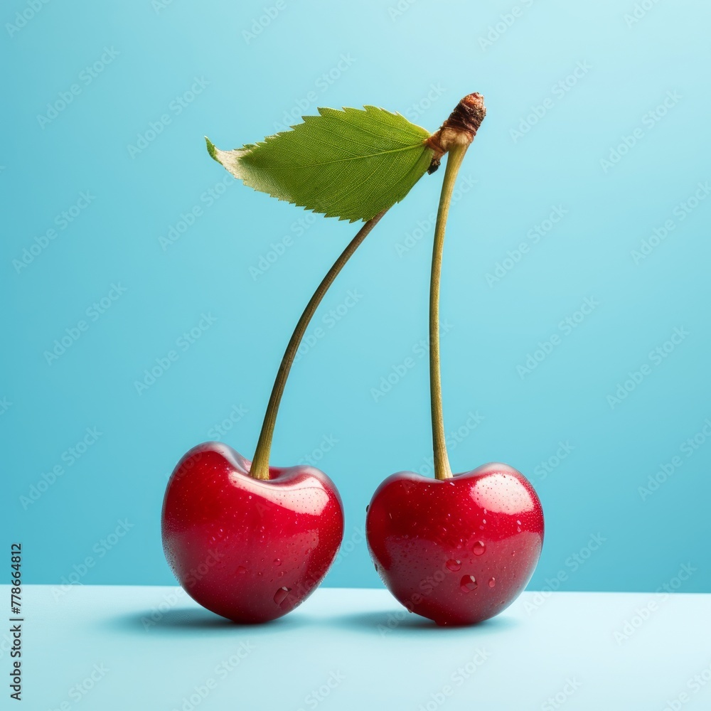 Wall mural A red cherry stands on a blue background. Minimalist concept of healthy summer food.