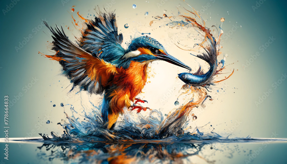 Poster an artistic interpretation of a kingfisher in mid-hunt, with abstract elements. the bird is dynamica
