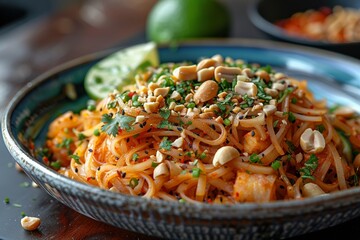 A vibrant plate of pad Thai compact - obrazy, fototapety, plakaty