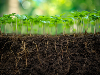 Fototapeta premium row of young green shoots with large roots, seedlings, new life and development in agriculture