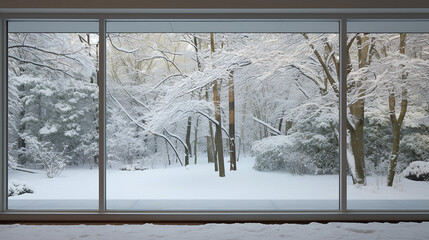 modern residential window with snow and trees view in winter