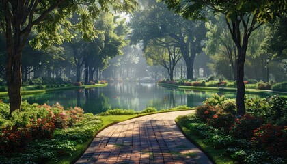 beauty of park scenery, including lush greenery, serene ponds, winding pathways, and colorful flora, to create inviting and refreshing visuals