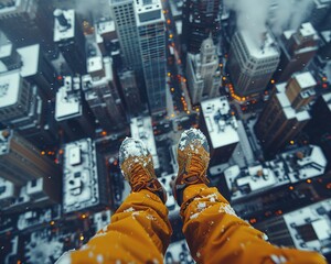 A base jumper stepping off an urban skyscraper action cam - obrazy, fototapety, plakaty