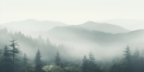Embarking the beautiful nature scene through the Foggy Forests with Misty Mountain in the background