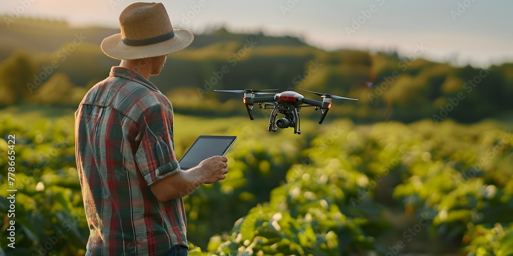 Poster farmer using tablet to control drone surveying lush crop fields integrating technology with agricult