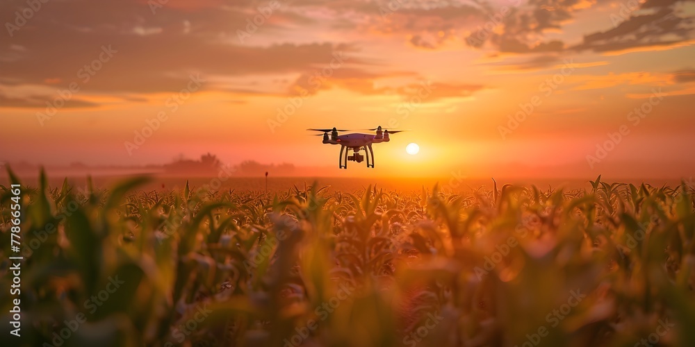 Poster drone capturing sunrise data over lush farm fields for predictive crop analytics