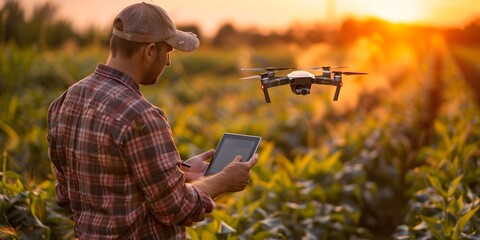 Farmer Utilizing Drone Technology to Survey Crop Fields at Sunset in Countryside