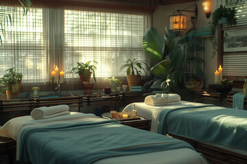 Serene spa room with lit candles and green plants for relaxation and wellness.
