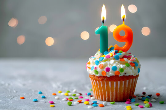Birthday cupcake with number nineteen candle