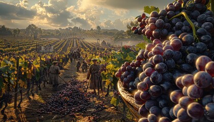 Vineyard Harvest, Grapes being harvested in a picturesque vineyard setting, celebrating the bounty...