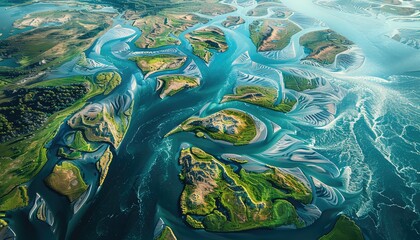 River Delta Aerial View, Intricate patterns of waterways and marshlands in a river delta, showcasing the beauty of natural erosion