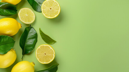 Vibrant image of freshly cut lemons and green leaves scattered on a bright green backdrop, symbolizing freshness and vitality - obrazy, fototapety, plakaty