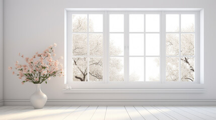 stylish empty room in white color with white wall and summer landscape