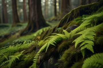Enchanting mossy wonderland. Close up view of nature lush greenery. Captivating image showcases moss ferns and lichen creating vibrant tapestry on trees and . Generative AI - obrazy, fototapety, plakaty
