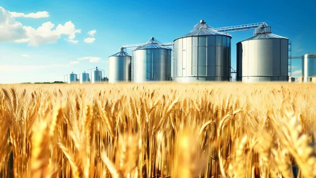 Wheat field in front of grain storage silos