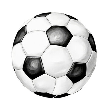 A classic black and white soccer ball, pentagonal and hexagonal panels, sports ball, watercolor painting, clipart, isolated