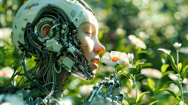 A beautiful female android or robot in the garden, smelling a flower
