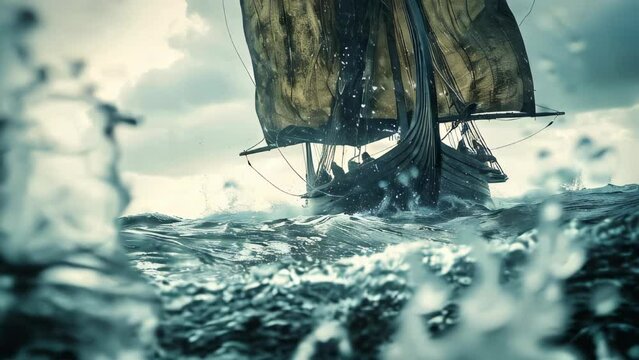 Viking longboat sailing on stormy seas